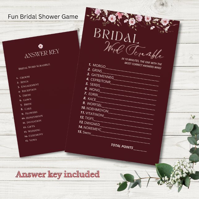 Burgundy Bridal Word Scramble Game With Answer Key (Skapare uppladdad)