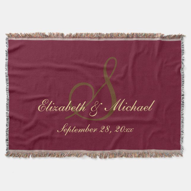 Burgundy Bröllop Bride Groom Namn Date Monogram Mysfilt (Framsidan)