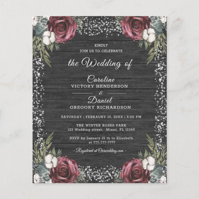 Burgundy Bröllop Flyer för Blommigten Budget Winte (Framsida)