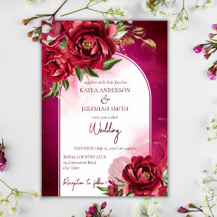 Burgundy bröllop maronblommor, modern båge inbjudningar