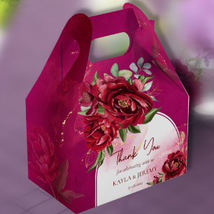Burgundy bröllop maronblommor, modern båge presentaskar
