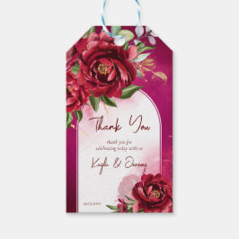 Burgundy bröllop maronblommor, modern båge presentetikett