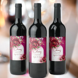 Burgundy bröllop maronblommor, modern båge vinflaska etikett
