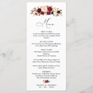 Burgundy Bröllop Menu, Blommigt Meny