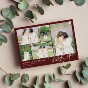 Burgundy Bröllop Photo Collage Script Tack Kort