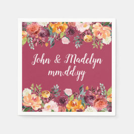 Burgundy Bröllop Serviette Personlig Blommigt Pappersservett