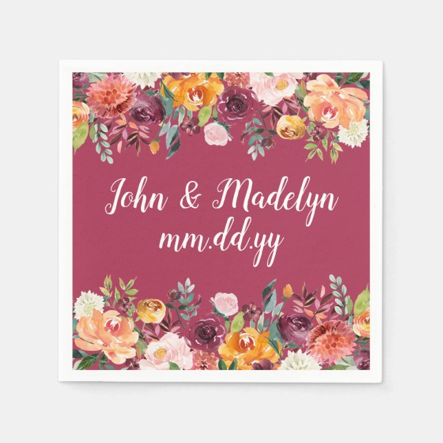 Burgundy Bröllop Serviette Personlig Blommigt Pappersservett (Framsidan)