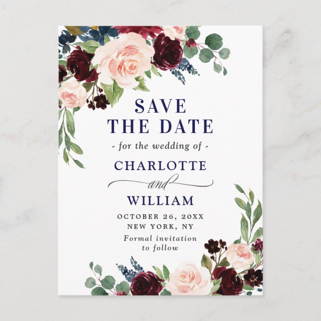 Burgundy  Bröllop spara datum Vykort (Framsida)