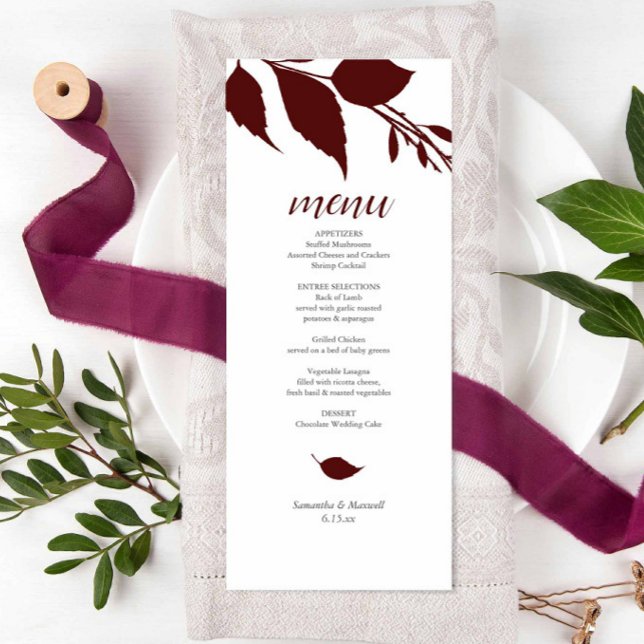 Burgundy Bröllop Theme Menu-kort Meny (Maroon wedding menu features burgundy leave art by Victoria Grigaliunas of Do Tell A Belle)