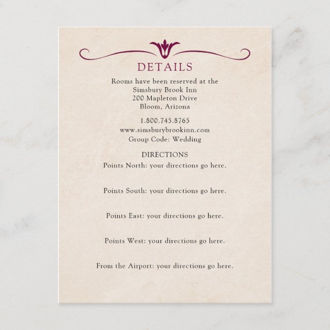 Burgundy Bröllopsdetaljer Informationskort Tilläggskort (Framsida)