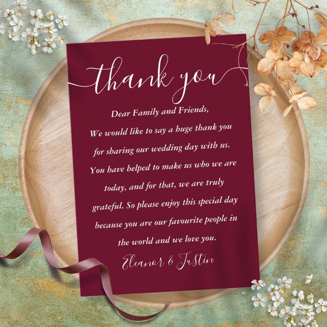 Burgundy bröllopsfest tack kort (Burgundy Wedding Reception Thank You Place Card)