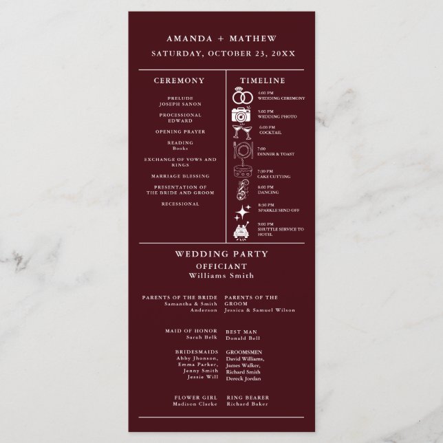 Burgundy Bröllopsinfografiskt Program (Framsida)