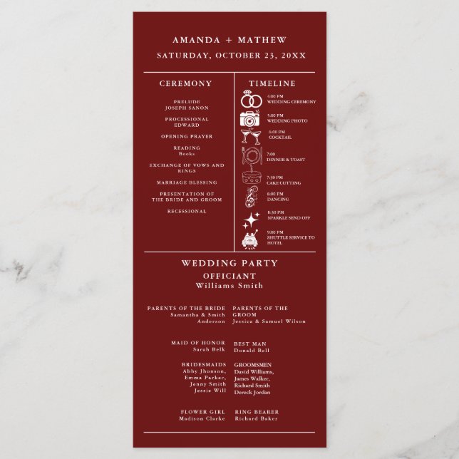 Burgundy Bröllopsinfografiskt Program (Framsida)