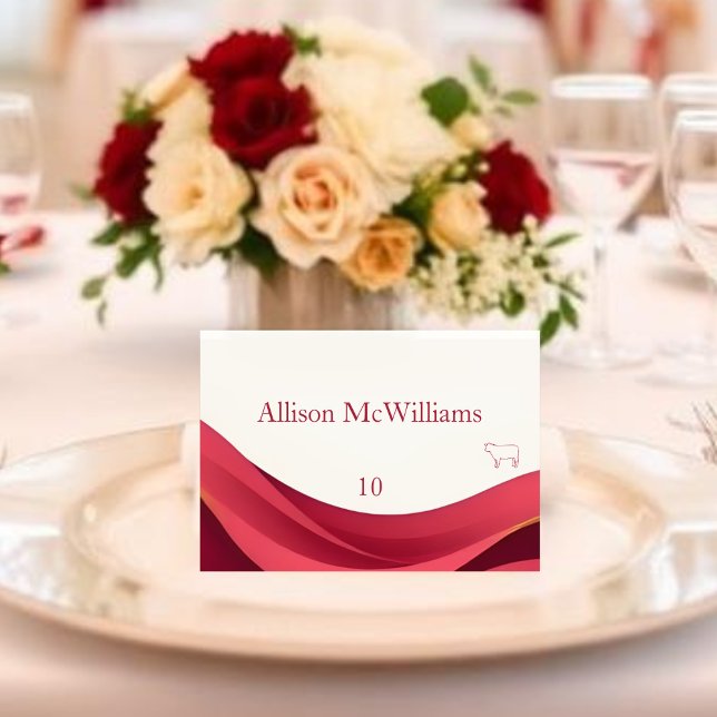 Burgundy Bröllopsplatskort - Kött Bordsnummer (Burgundy and Ivory Wedding Place Card-Table Number Meat Icon)