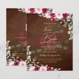 Burgundy Brown Blommigt Winter Fall Wedding Inbjud