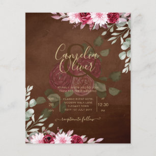 Burgundy Brown Blommigt Winter Fall Wedding Inbjud Flygblad