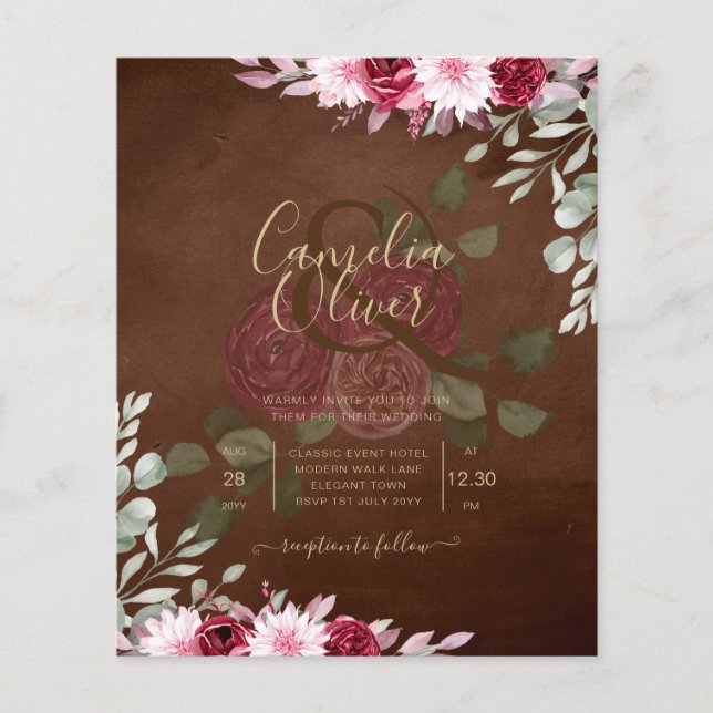 Burgundy Brown Blommigt Winter Fall Wedding Inbjud Flygblad (Framsidan)