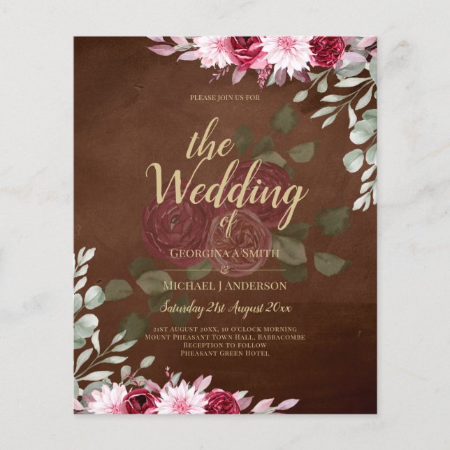 Burgundy Brown Blommigt Winter Fall Wedding Inbjud Flygblad (Framsidan)