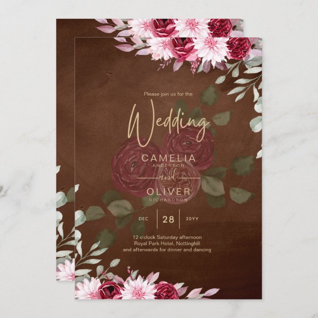 Burgundy Brown Blommigt Winter Fall Wedding Inbjud Inbjudningar (Fram/baksida)