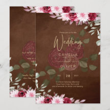 Burgundy Brown Blommigt Winter Fall Wedding Inbjud