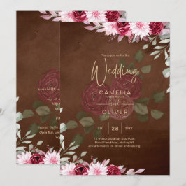 Burgundy Brown Blommigt Winter Fall Wedding Inbjud Inbjudningar