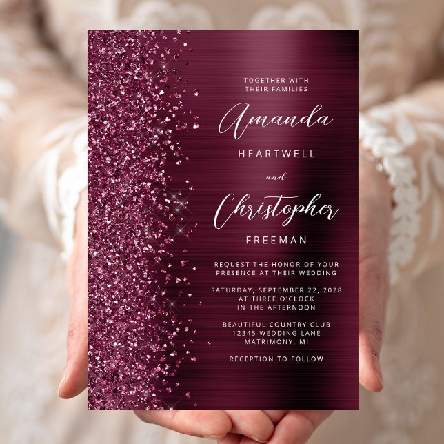Burgundy Brushed Metall Glitter Skript Bröllop Inbjudningar (Skapare uppladdad)