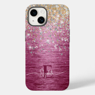 Burgundy Brushed Metall Guld Faux Glitter Monogram