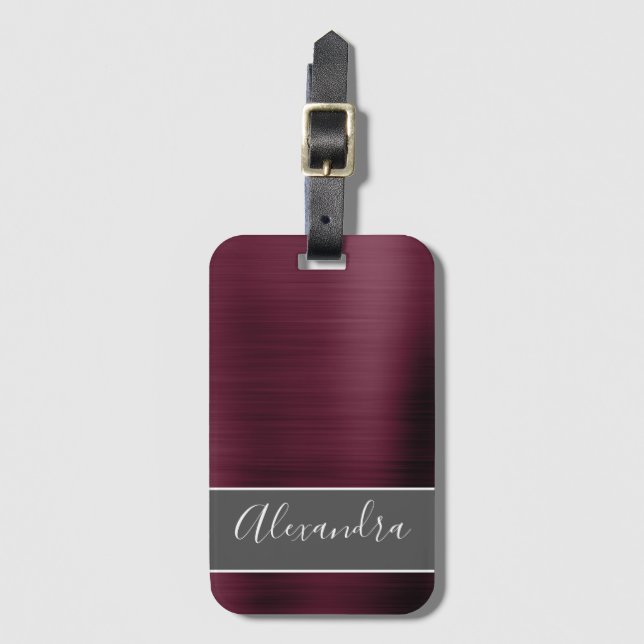 Burgundy Brushed Metall Monogram Namn Bagagebricka (Framsida vertikal)