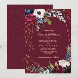 Burgundy | Brygga blå Blommigt Geometric Bröllop Inbjudningar