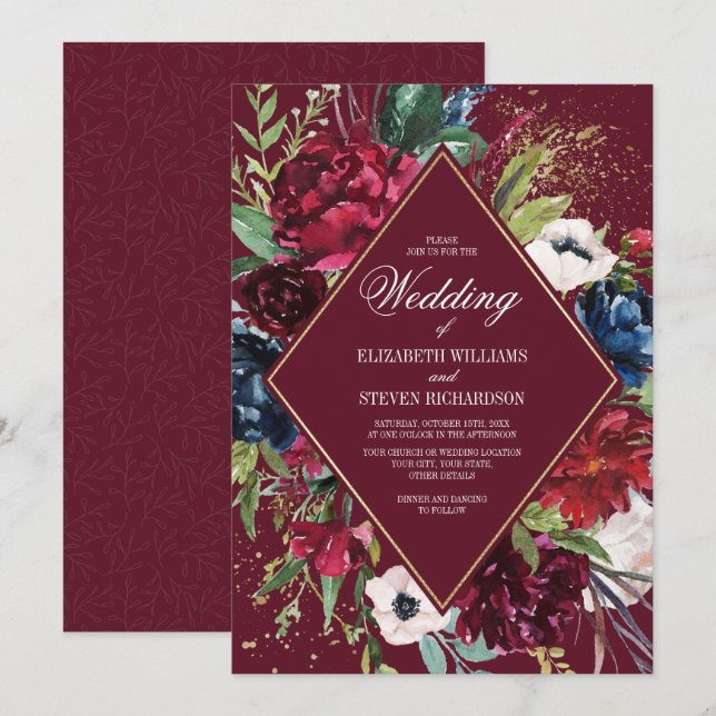 Burgundy | Brygga blå Blommigt Geometric Bröllop Inbjudningar (Fram/baksida)