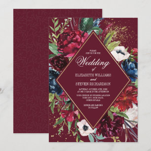 Burgundy Brygga blå Blommigt Geometric Bröllop Inbjudningar