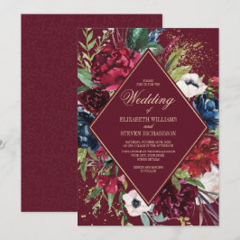 Burgundy | Brygga blå Blommigt Geometric Bröllop Inbjudningar