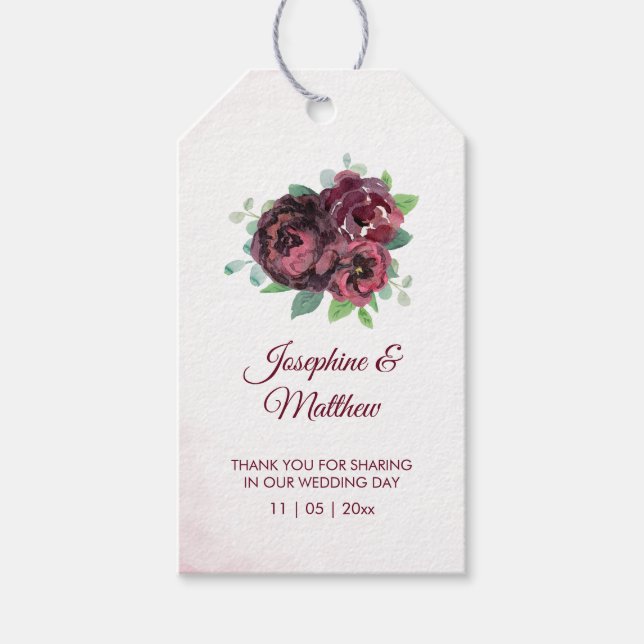 Burgundy Bukett med rosor Monogram Wedding Favor Presentetikett (Framsidan)