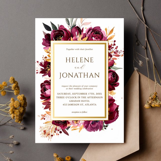 Burgundy Burg Burg Orange Blommigt Elegant bröllop Inbjudningar (Burgundy Burnt Orange Floral Elegant Wedding Invitation)