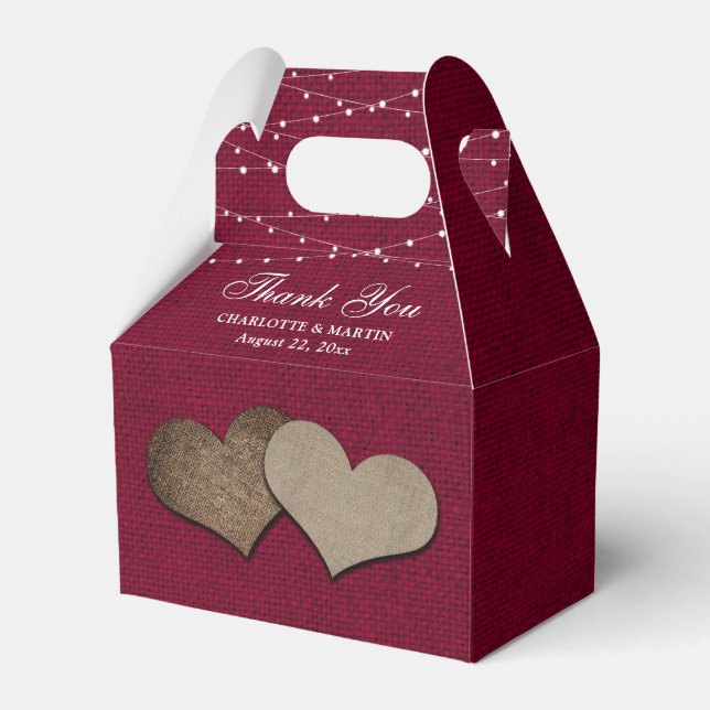 Burgundy Burlap Heart Bröllop Tack Presentaskar (Framsidan Sidan)