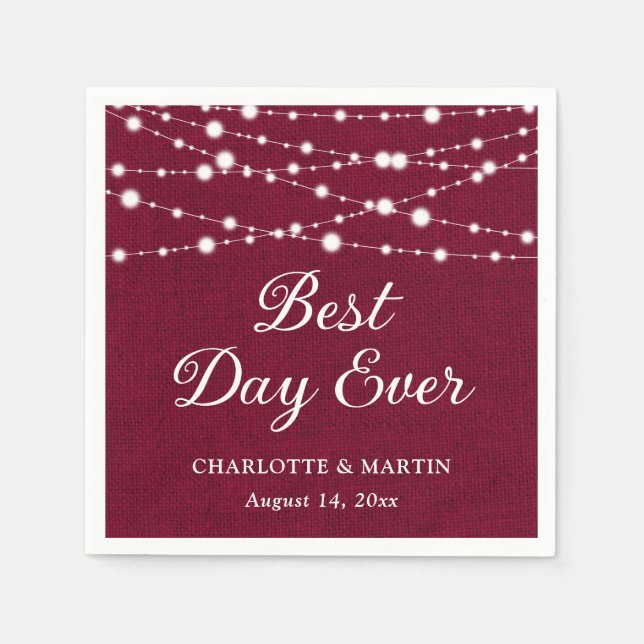 Burgundy Burlap String Ljus Rustic Bröllop Pappersservett (Framsidan)