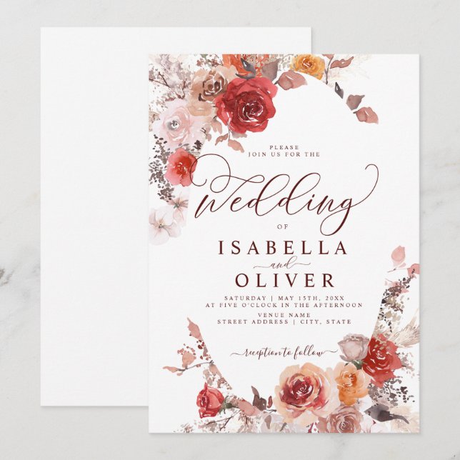 Burgundy Burnt Orange BohoTerracotta Bröllop Invit Inbjudningar (Fram/baksida)