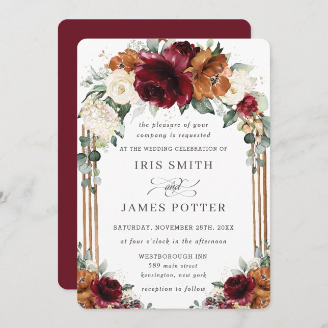 Burgundy Burnt Orange Ivory Floral Arch Wedding Inbjudningar (Fram/baksida)