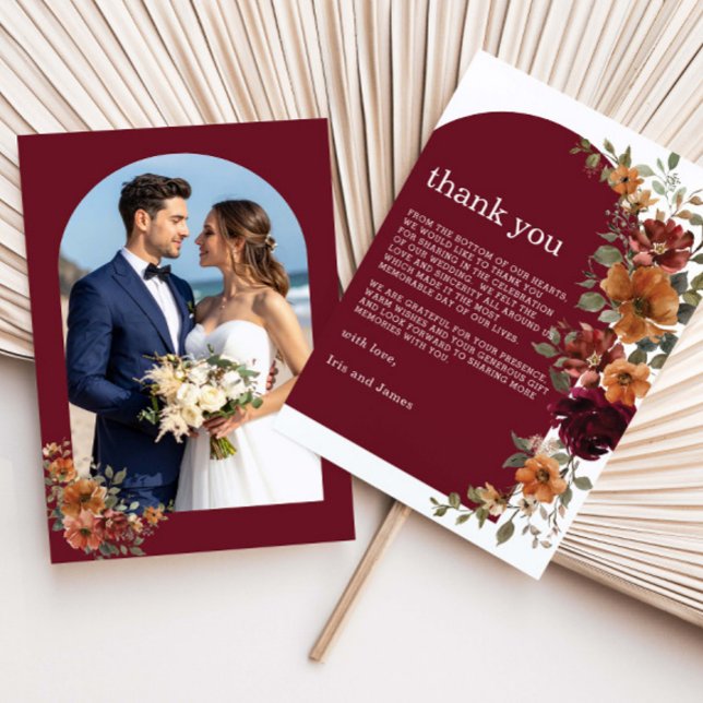 Burgundy Burnt Orange Rust Floral Wedding Photo Tack Kort (Skapare uppladdad)