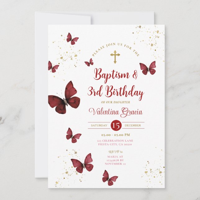 Burgundy Butterfly Girl 3th Birthday Baptism Kor Inbjudningar (Framsida)
