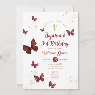 Burgundy Butterfly Girl 3th Birthday Baptism Kor Inbjudningar