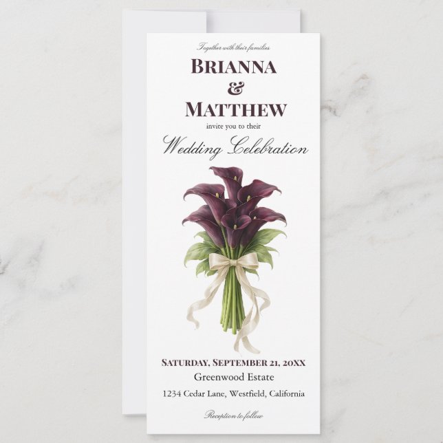 Burgundy Calla Lily Wedding Bouquet Ivory Ribbon  Inbjudningar (Framsida)