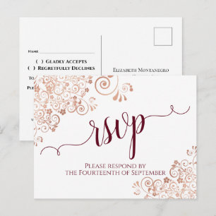 Burgundy Calligraphy Ro Guld Snöre Bröllop OSA Vykort