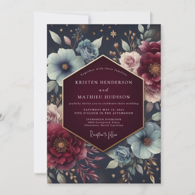 Burgundy Celestial Bloom Wedding Inbjudningar (Framsida)
