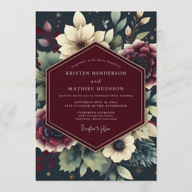 Burgundy Celestial Floral Wedding Inbjudningar (Framsida)