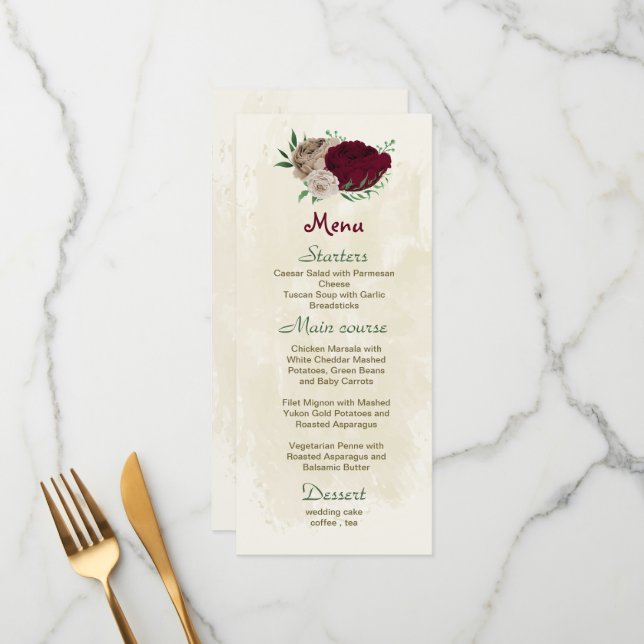 Burgundy champagne blommor botaniska bröllop meny (Fram/Back In Situ)