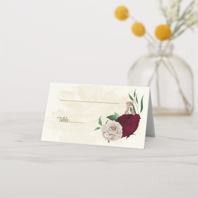 Burgundy champagne blommor botaniska bröllop placeringskort (Framsida)