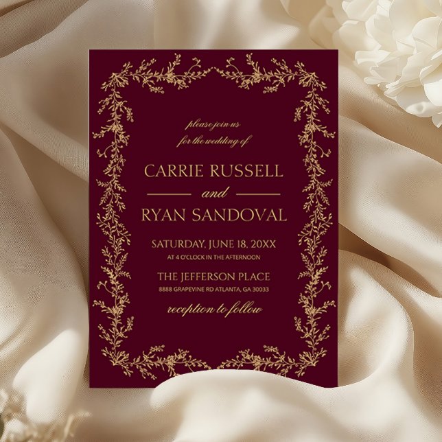 Burgundy Champagne Hand Drawn Floral Frame Wedding Inbjudningar (Skapare uppladdad)