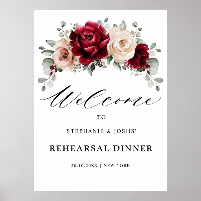 Burgundy Champagne Ivory Rehearsal Dinner Välkomna Poster (Framsidan)
