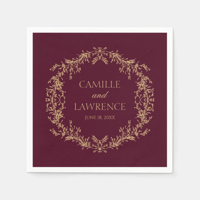 Burgundy Champagne Toile Blommig Ram Bröllop Pappersservett (Framsidan)
